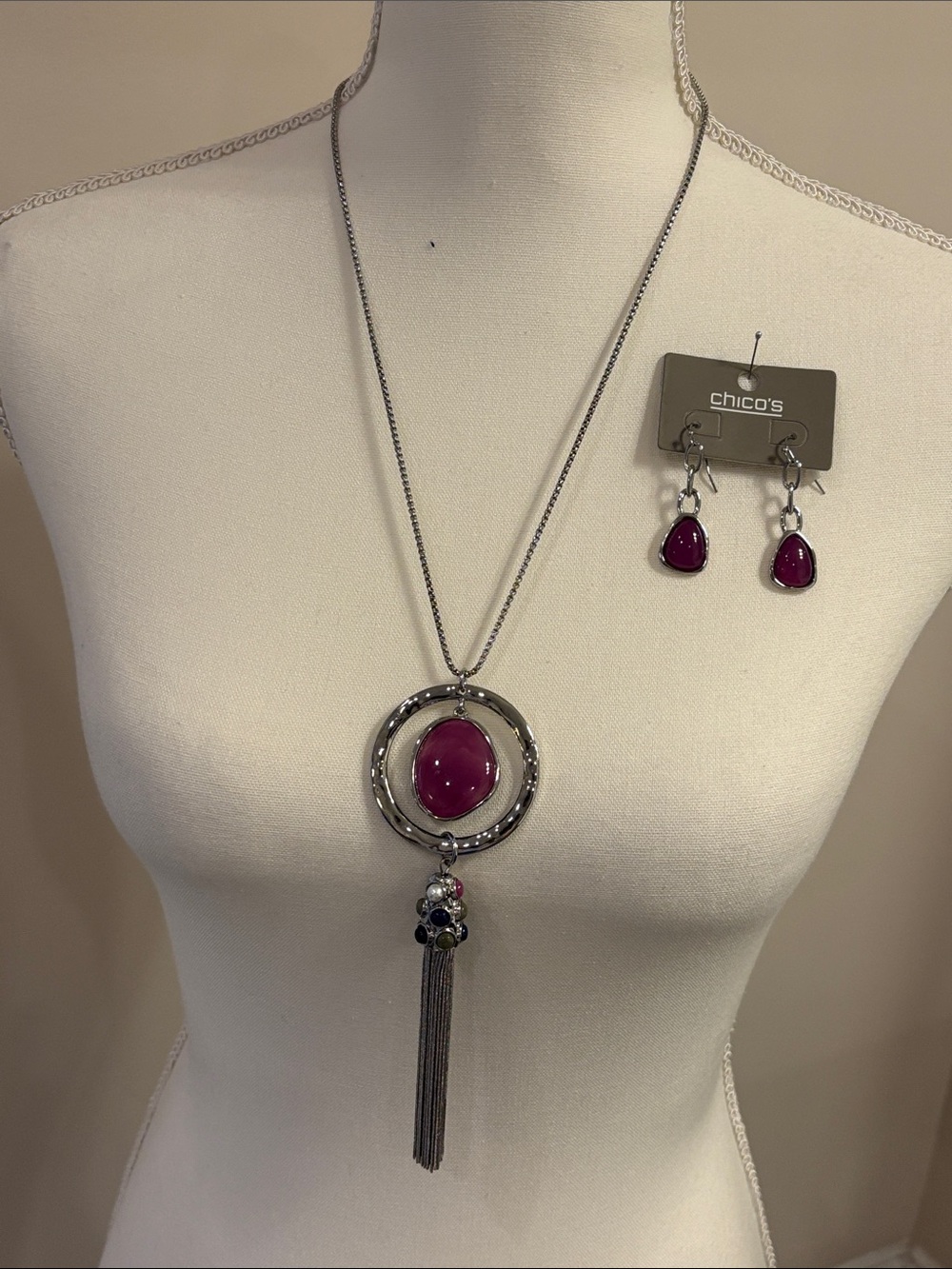 Chico's Silver-Tone Necklace & Earrings with Reversible Fuchsia & Blue Cabochon